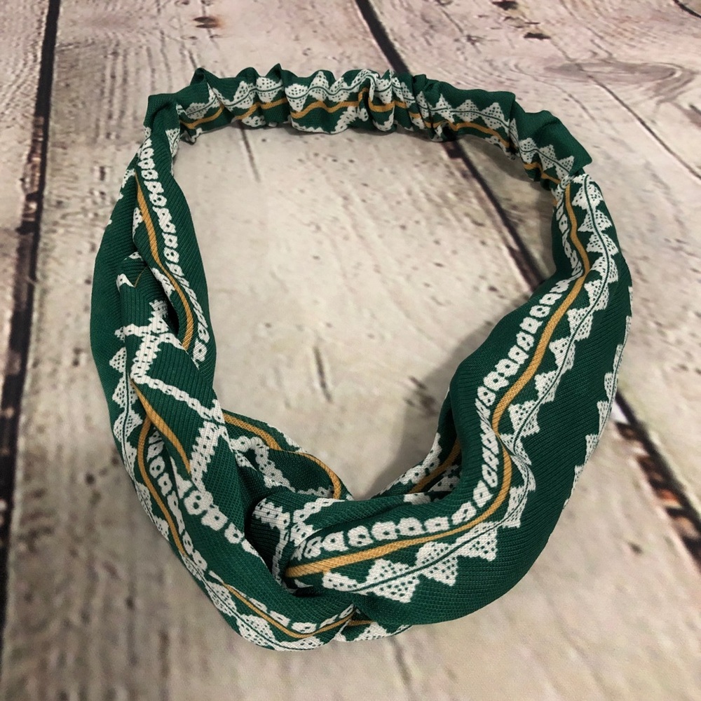 Knotted Boho Headband Green White Mixed Pattern - Picture 1 of 8